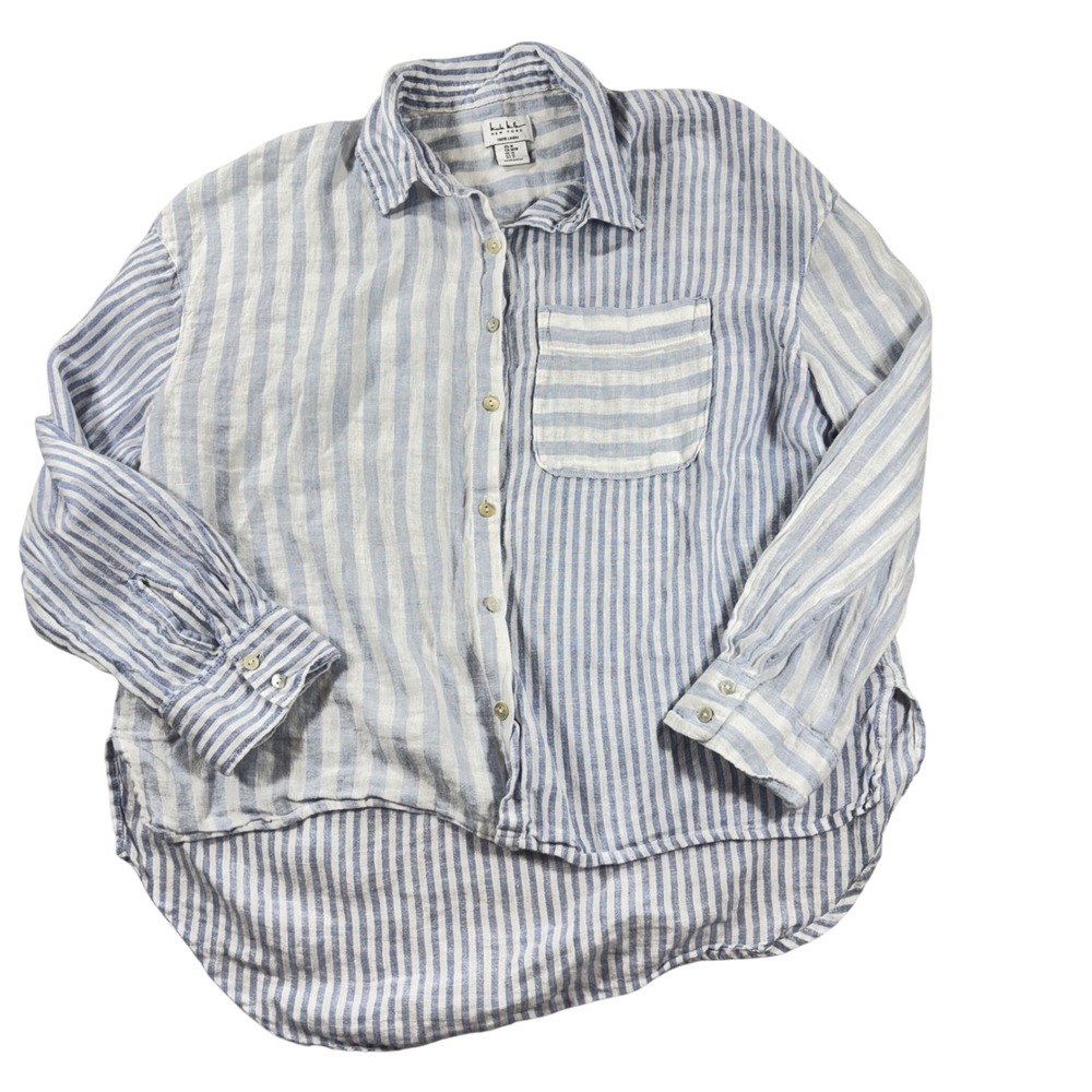 Nicole Miller‎ Women's M Linen Striped Button Up Shirt Blue White Casual Top